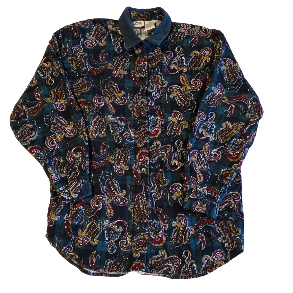 Capacity Vintage 90s Paisley Plaid Shirt Corduroy Collar Large Shoulder Pads